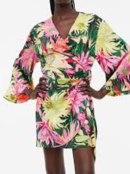 H&M Dresses & Skirts - H&M Pink, Yellow & Green Tropical Wrap Mini Dress XS